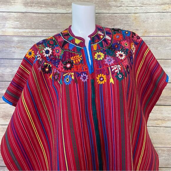VINTAGE RED GUATEMALAN HAND LOOMED KAFTAN FLORAL EMBROIDERED HUIPIL DRESS - Picture 3 of 7